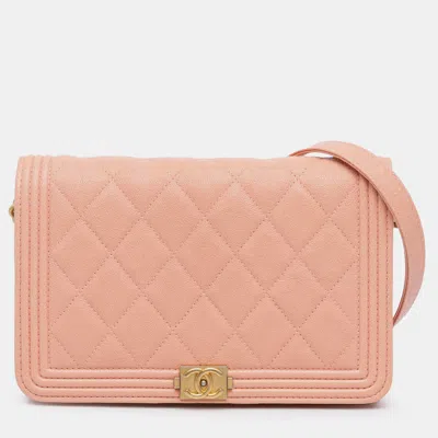 Pre-owned Chanel Pink Quilted Caviar Boy Wallet On Chain