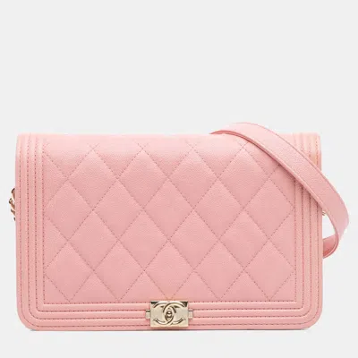 Pre-owned Chanel Pink Quilted Caviar Boy Wallet On Chain
