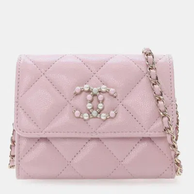 Pre-owned Chanel Pink Quilted Caviar Coco Candy Card Holder On Chain