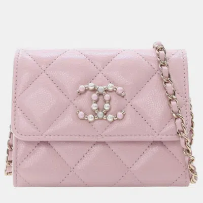 Pre-owned Chanel Pink Quilted Caviar Coco Candy Card Holder On Chain