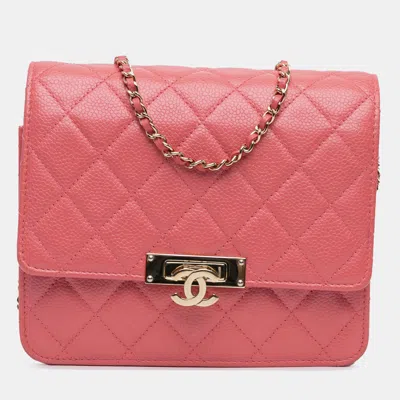 Pre-owned Chanel Pink Quilted Caviar Golden Class Wallet On Chain