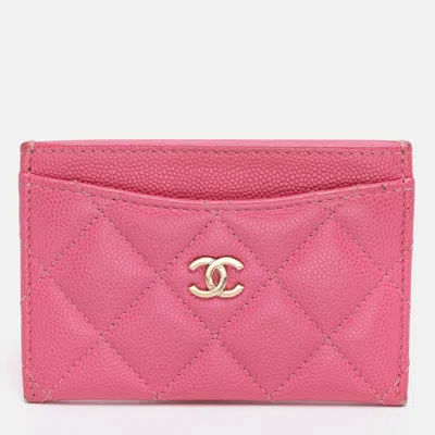 Pre-owned Chanel Pink Quilted Caviar Leather Classic Card Holder