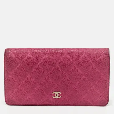 Pre-owned Chanel Pink Quilted Caviar Leather L Yen Long Wallet