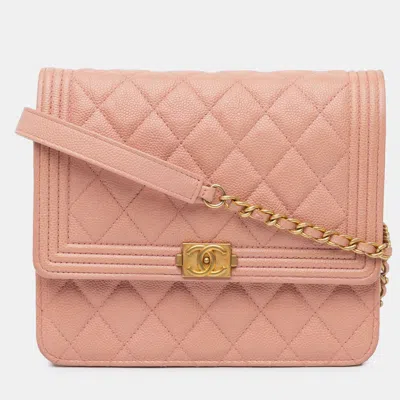 Pre-owned Chanel Pink Quilted Caviar Square Boy Wallet On Chain
