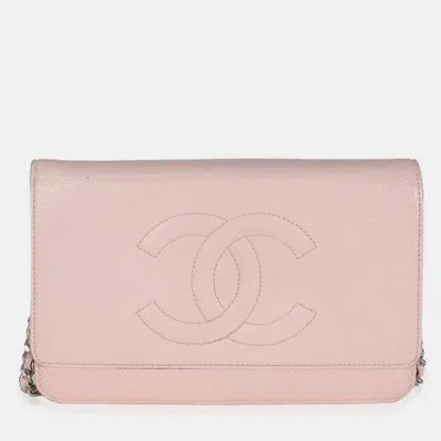Pre-owned Chanel Pink Quilted Caviar Timeless Cc Classic Wallet On Chain