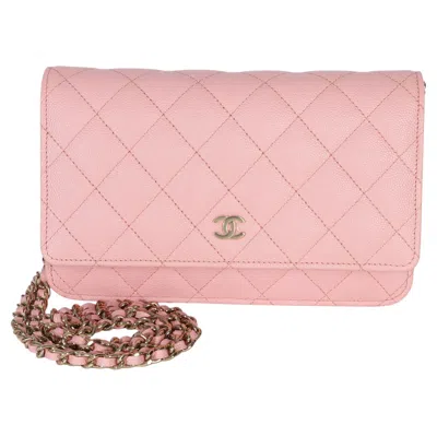 Pre-owned Chanel Pink Quilted Caviar Wallet On A Chain