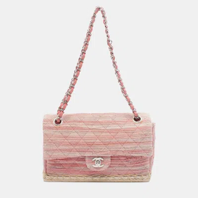 Pre-owned Chanel Pink Quilted Cotton And Jute Espadrille Chain Flap