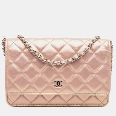 Pre-owned Chanel Pink Quilted Iridescent Lambskin Wallet On Chain