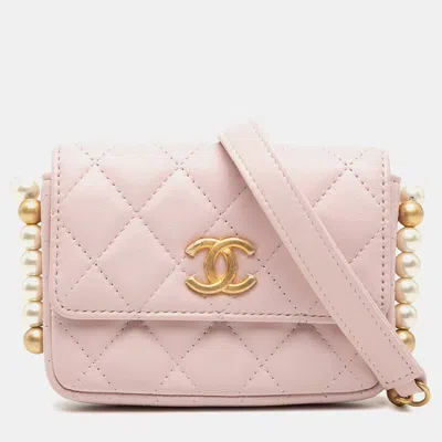 Pre-owned Chanel Pink Quilted Lambskin About Pearls Card Holder On Chain