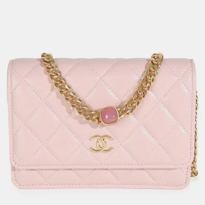 Pre-owned Chanel Pink Quilted Lambskin Cc Pearl Enamel Clutch On Chain