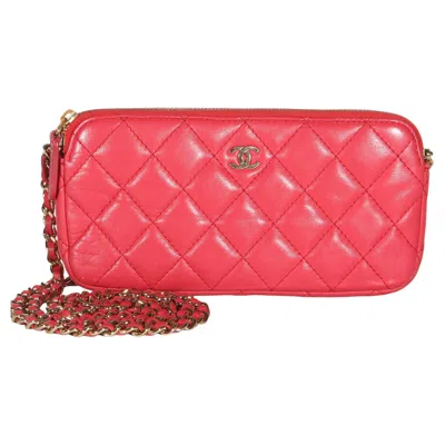 Pre-owned Chanel Pink Quilted Lambskin Double Zip Clutch With Chain
