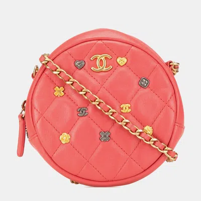 Pre-owned Chanel Pink Quilted Lambskin Lucky Charms Round Clutch With Chain