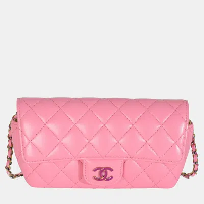 Pre-owned Chanel Pink Quilted Lambskin Sunglasses Case On Chain