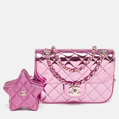 Pre-owned Chanel Pink Quilted Mirror Leather Mini Hollywood Boulevard Flap Bag With Star Coin Purse