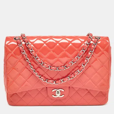 Pre-owned Chanel Pink Quilted Patent Leather Maxi Classic Double Flap Bag