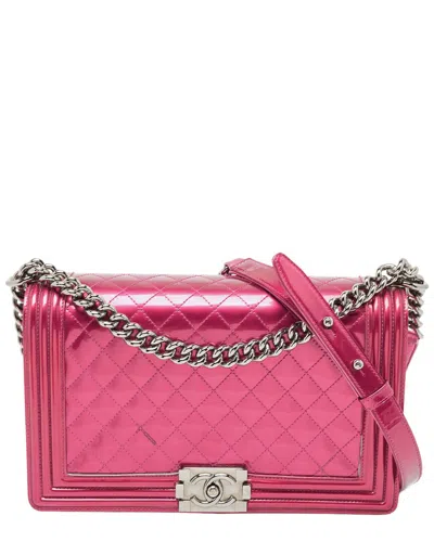 Pre-owned Chanel Pink Quilted Patent Leather New Medium Boy Double Flap Bag (authentic )