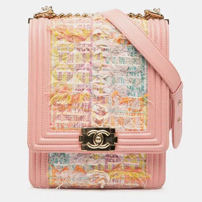 Pre-owned Chanel Pink Quilted Tweed And Calfskin North South Boy Flap