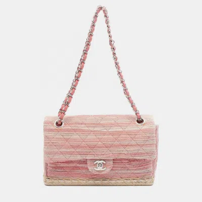 Pre-owned Chanel Pink Quilted Tweed Espadrille Chain Flap Bag