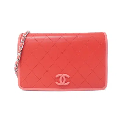 Pre-owned Chanel Pink Red Color Leather Chain/shoulder Wallet () In Multi
