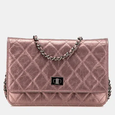 Pre-owned Chanel Pink Reissue 2.55 Quilted Metallic Aged Calfskin Wallet On Chain