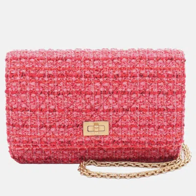Pre-owned Chanel Pink Reissue 2.55 Quilted Tweed Wallet On Chain