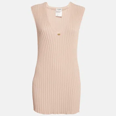 Pre-owned Chanel Pink Rib Knit V-neck Mini Sweater Dress L