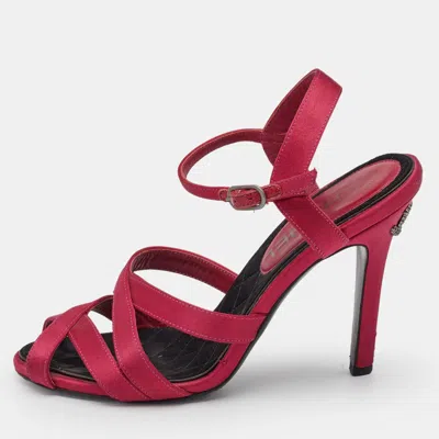 Pre-owned Chanel Pink Satin Cc Ankle Strap Sandals Size 35