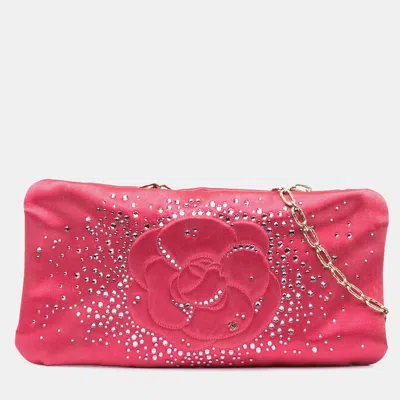 Pre-owned Chanel Pink Satin Diamante Camellia Clutch With Chain