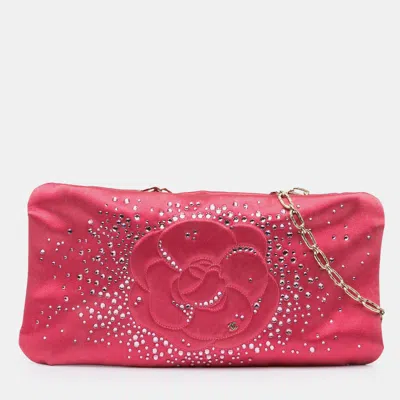 Pre-owned Chanel Pink Satin Diamante Camellia Clutch With Chain