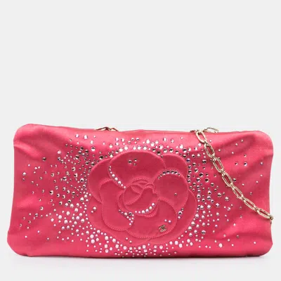 Pre-owned Chanel Pink Satin Diamante Camellia Clutch With Chain