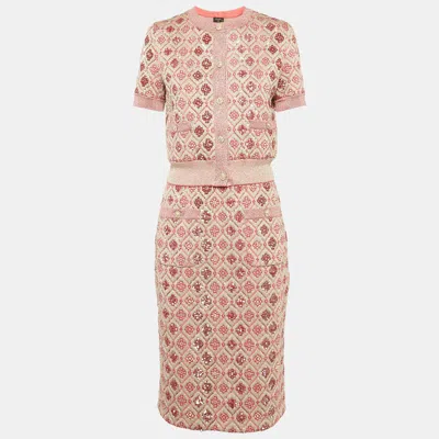 Pre-owned Chanel Pink Sequin Embellished Lurex Knit Skirt Set M