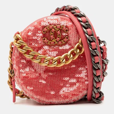 Pre-owned Chanel Pink Sequin Lambskin 19 Round Clutch With Chain