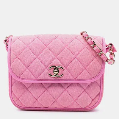 Pre-owned Chanel Pink Small Cc Quilted Denim Messenger Flap