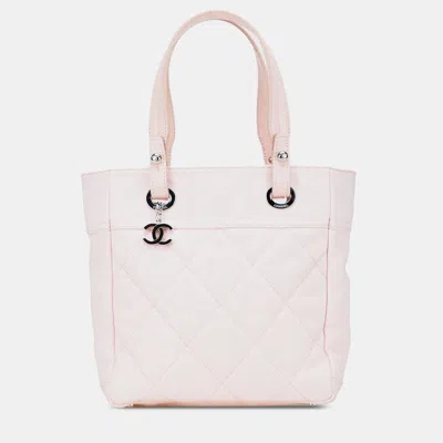 Pre-owned Chanel Pink Small Quilted Canvas Paris Biarritz Tote
