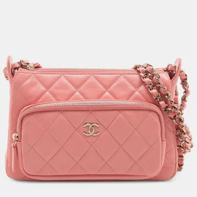 Pre-owned Chanel Pink Small Quilted Lambskin Clutch With Chain Shoulder Bag