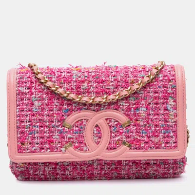 Pre-owned Chanel Pink Small Tweed Cc Filigree Flap