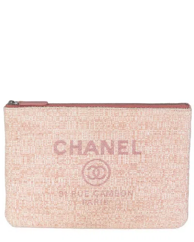 Pre-owned Chanel Pink Straw/raffia & Tweed Deauville Pouch (authentic Pre-loved)