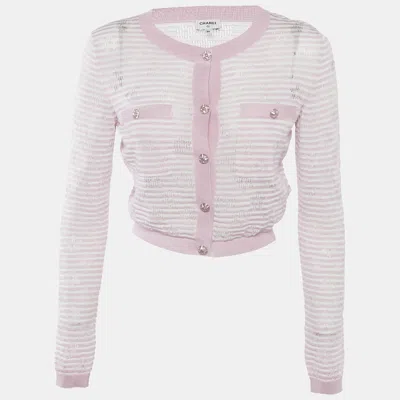 Pre-owned Chanel Pink Stripe Patterned Knit Button Front Cardigan S