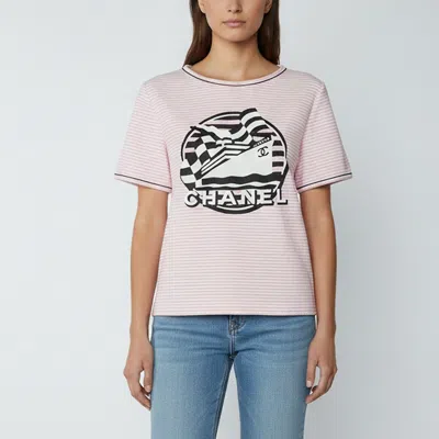 Pre-owned Chanel Pink Stripe Terry Knit La Pausa Crewneck T-shirt M
