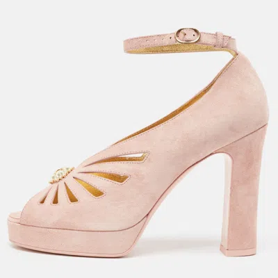 Pre-owned Chanel Pink Suede Embellished Platform Sandals Size 38.5