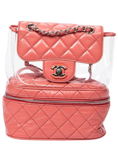 Pre-owned Chanel Pink Transparent Vinyl/quilted Lambskin Leather Cc Transparent Vanity  Flap Backpack (authent