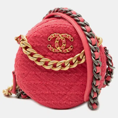 Pre-owned Chanel Pink Tweed 19 Round Clutch With Chain