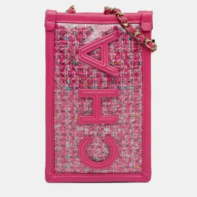 Pre-owned Chanel Pink Tweed And Pvc Phone Clutch With Chain
