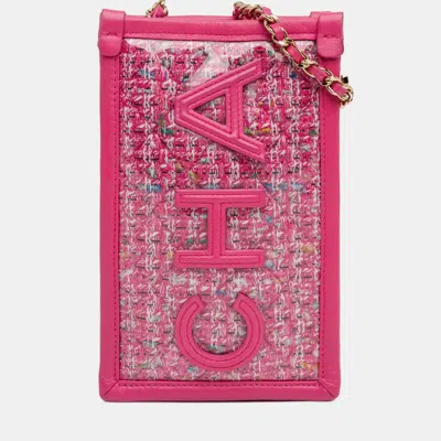 Pre-owned Chanel Pink Tweed And Pvc Phone Clutch With Chain