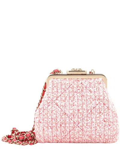 Chanel Pink Tweed Quilted Canvas Kisslock Frame Clutch Crossbody