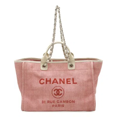 Pre-owned Chanel Pink White Canvas Leather Shoulder Bag Tote Bag ()