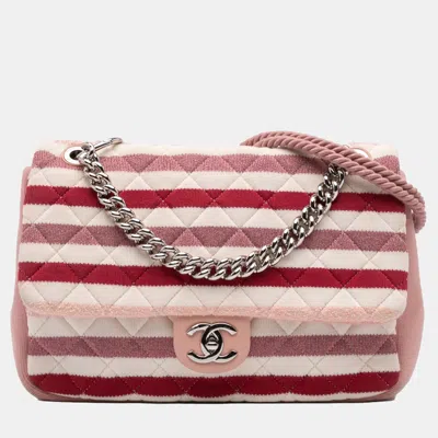 Pre-owned Chanel Pink White Jumbo Stripe Jersey Felt And Rope Flap