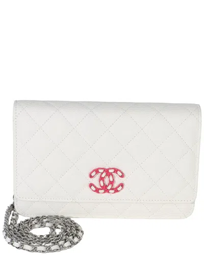 Pre-owned Chanel Pink; White Leather Quilted Caviar Woven Cc Wallet On Chain (authentic Pre-loved)