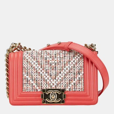 Pre-owned Chanel Pink White Multicolor Tweed Leather Boy Coco Mark Chain Shoulder Bag