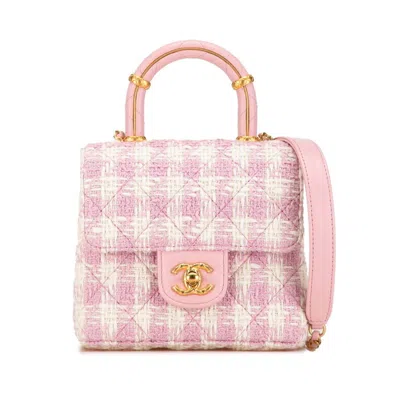 Pre-owned Chanel Pink White Tweed Leather Handbag Shoulder Bag () In Pink, White